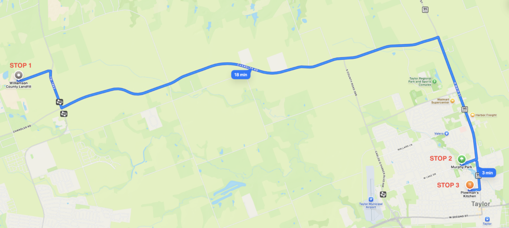 image of field trip route on screenshot of map
